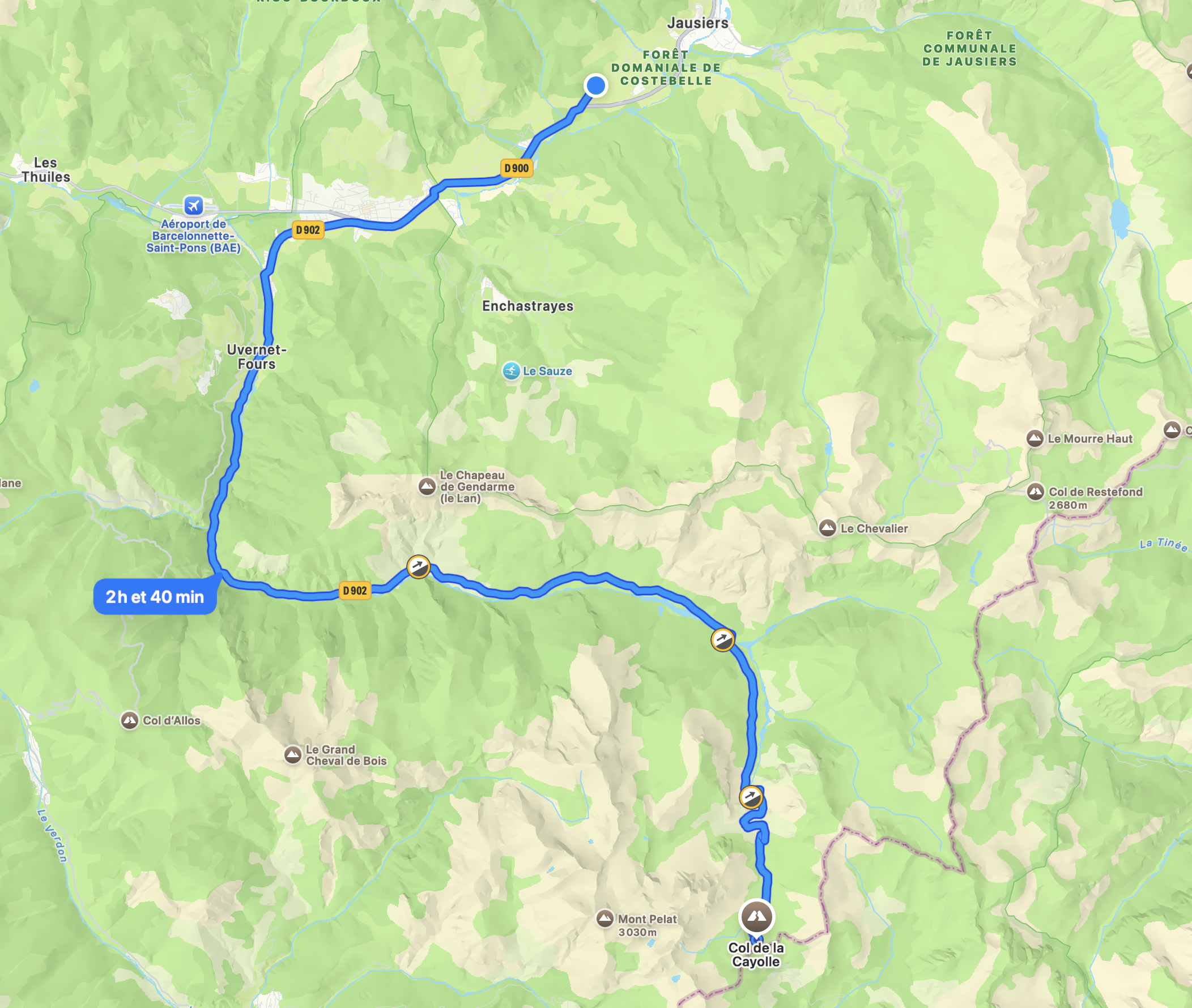 Map showing the route from Barcelonnette to Col de la Cayolle