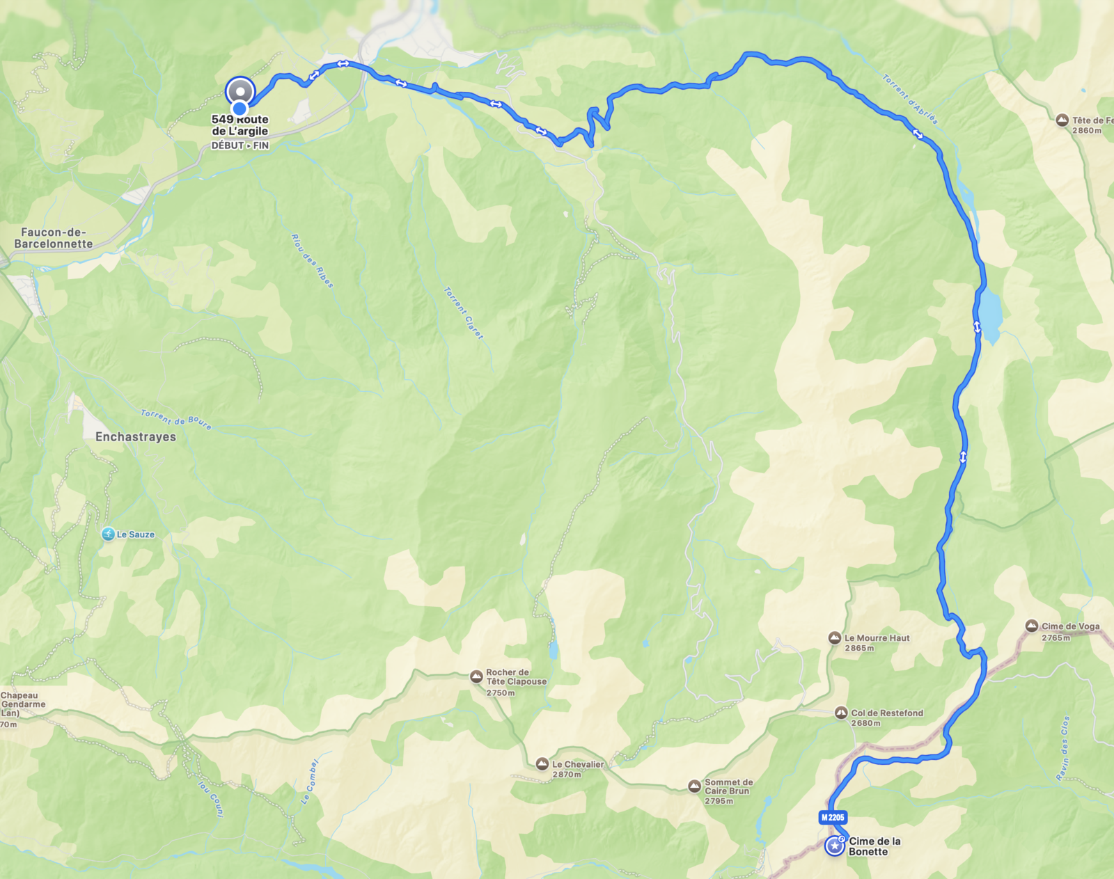 Map — how to reach Col de la Bonette from Barcelonnette